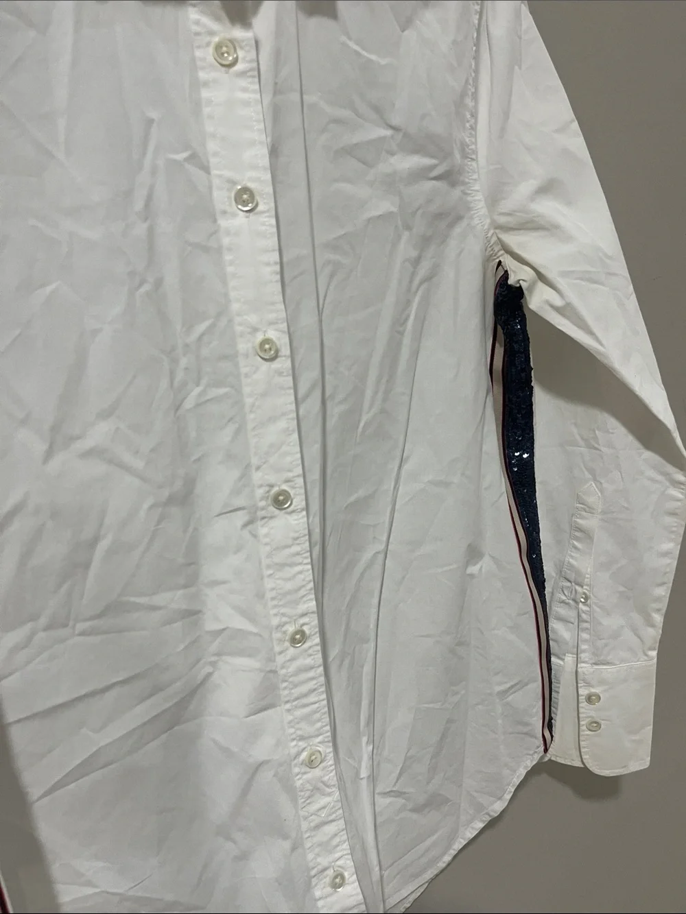 J. Crew White Button-Down Shirt with Navy Sequin Side Trim